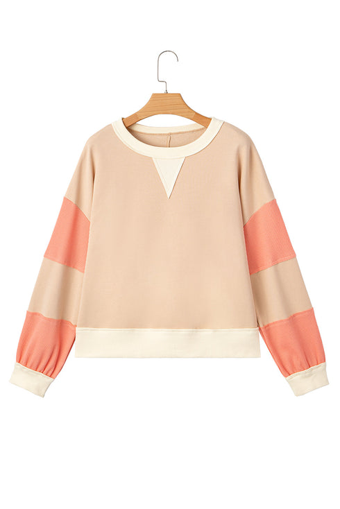 Textured Waffle Knit Color Block Crew Neck Pullover