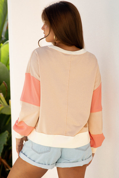 Textured Waffle Knit Color Block Crew Neck Pullover