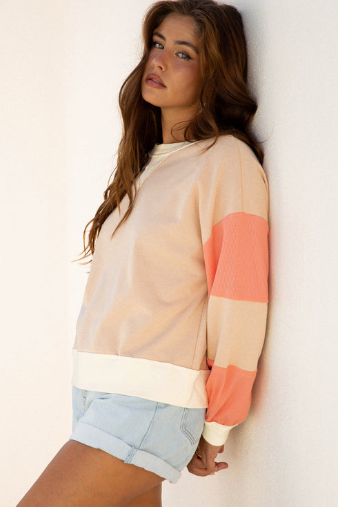 Textured Waffle Knit Color Block Crew Neck Pullover