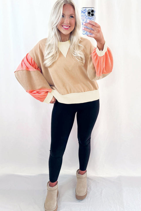 Textured Waffle Knit Color Block Crew Neck Pullover