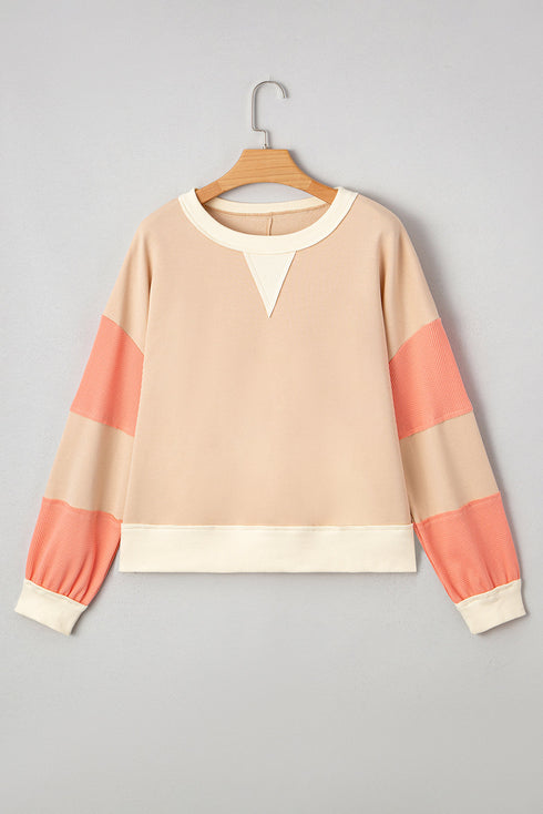 Textured Waffle Knit Color Block Crew Neck Pullover