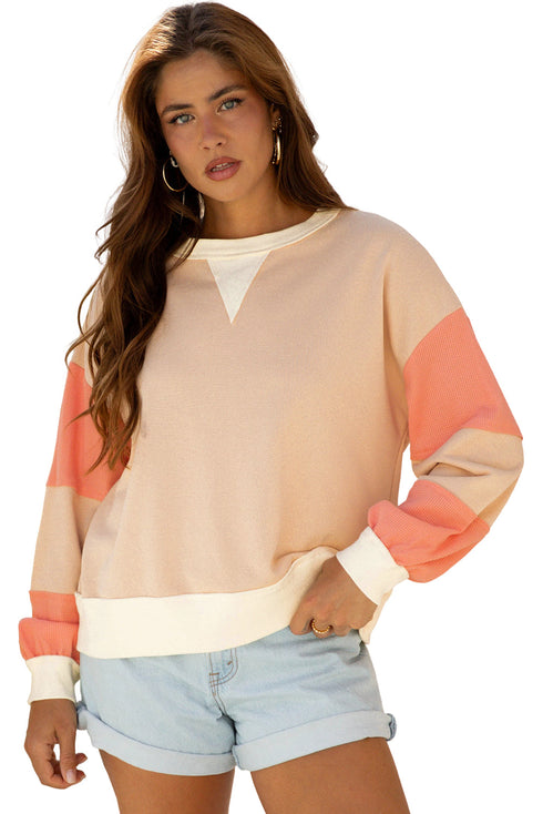 Textured Waffle Knit Color Block Crew Neck Pullover