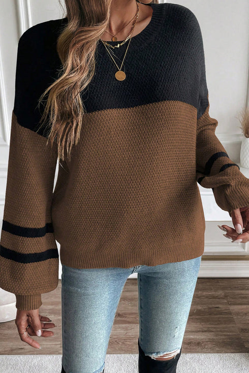 Textured Waffle Knit Color Block Striped Sleeve Sweater