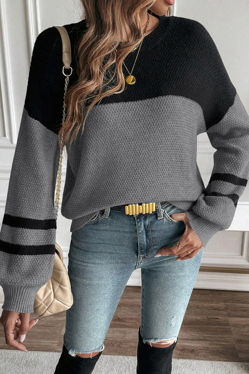 Textured Waffle Knit Color Block Striped Sleeve Sweater