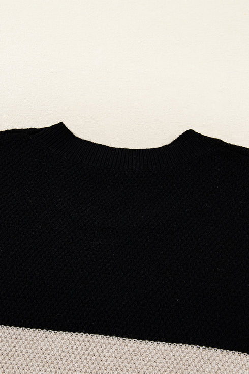 Textured Waffle Knit Color Block Striped Sleeve Sweater