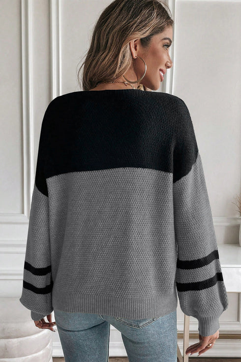 Textured Waffle Knit Color Block Striped Sleeve Sweater