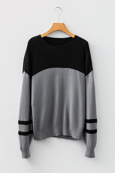 Textured Waffle Knit Color Block Striped Sleeve Sweater