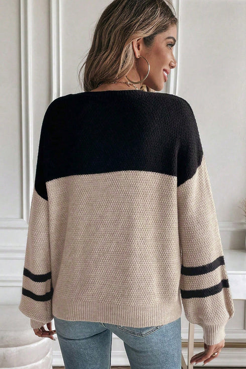 Textured Waffle Knit Color Block Striped Sleeve Sweater