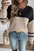Textured Waffle Knit Color Block Striped Sleeve Sweater