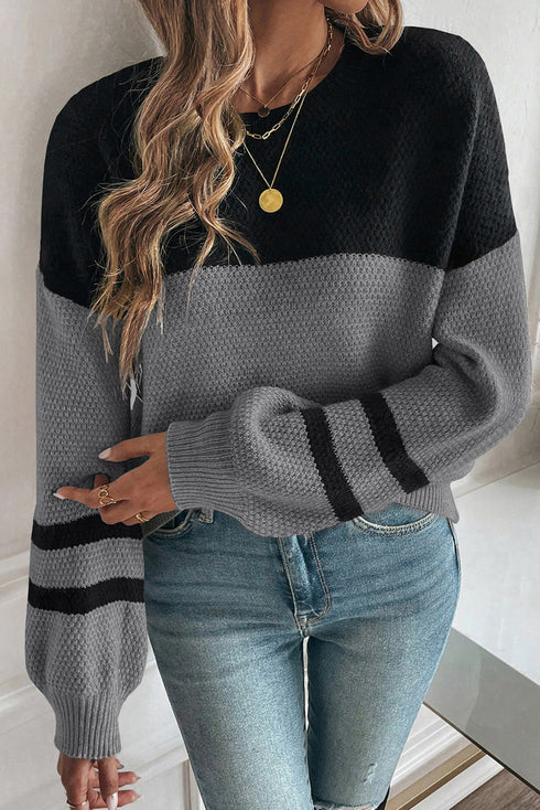 Textured Waffle Knit Color Block Striped Sleeve Sweater