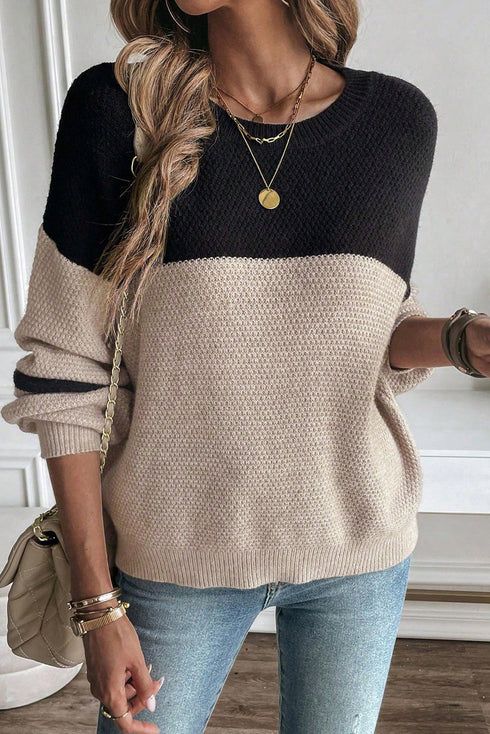 Textured Waffle Knit Color Block Striped Sleeve Sweater