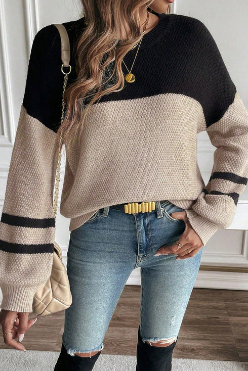 Textured Waffle Knit Color Block Striped Sleeve Sweater