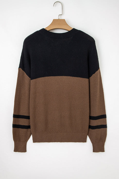 Textured Waffle Knit Color Block Striped Sleeve Sweater