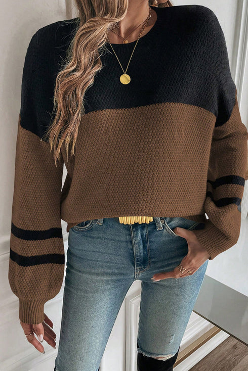 Textured Waffle Knit Color Block Striped Sleeve Sweater
