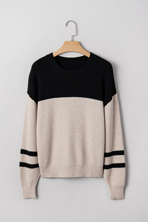 Textured Waffle Knit Color Block Striped Sleeve Sweater