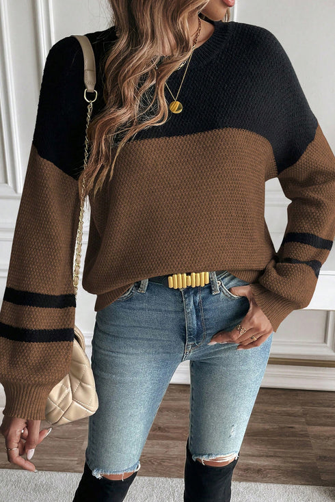 Textured Waffle Knit Color Block Striped Sleeve Sweater