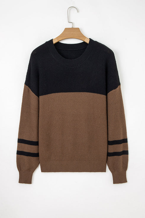 Textured Waffle Knit Color Block Striped Sleeve Sweater