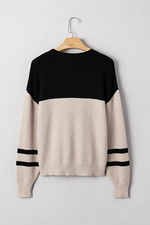 Textured Waffle Knit Color Block Striped Sleeve Sweater
