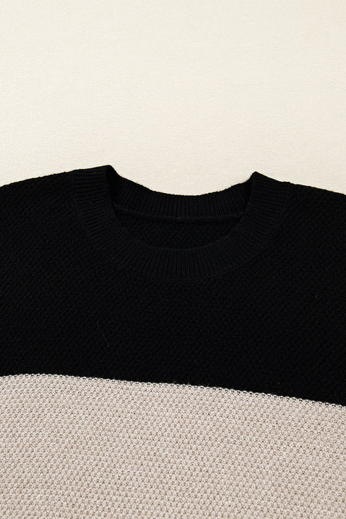 Textured Waffle Knit Color Block Striped Sleeve Sweater