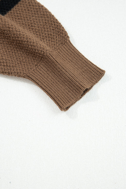Textured Waffle Knit Color Block Striped Sleeve Sweater