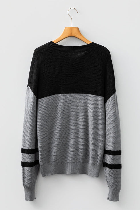 Textured Waffle Knit Color Block Striped Sleeve Sweater