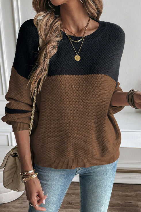 Textured Waffle Knit Color Block Striped Sleeve Sweater
