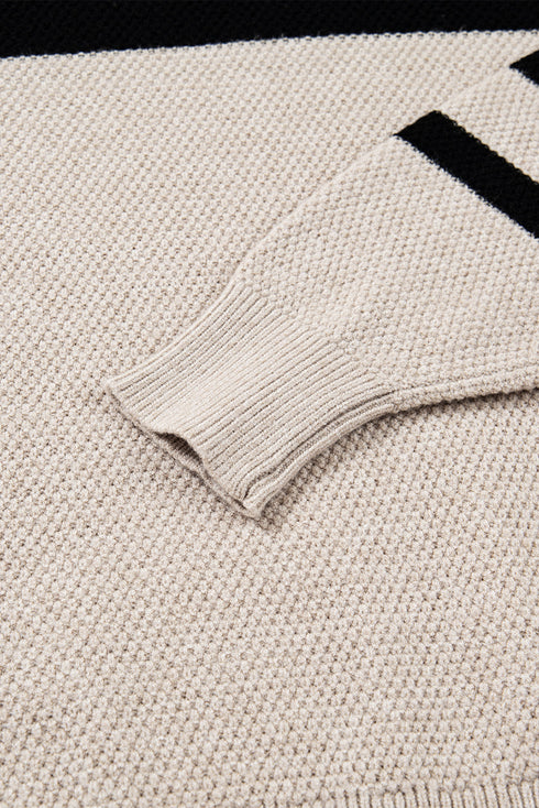 Textured Waffle Knit Color Block Striped Sleeve Sweater