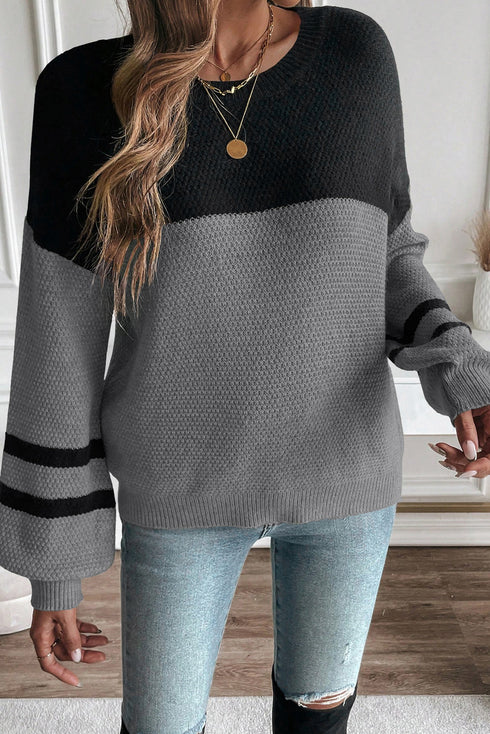 Textured Waffle Knit Color Block Striped Sleeve Sweater