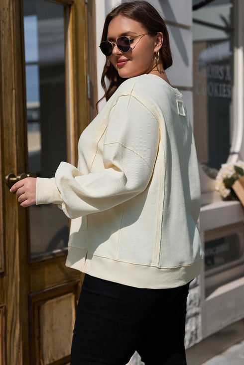 Textured Waffle Knit Drop Shoulder Patchwork Sweatshirt
