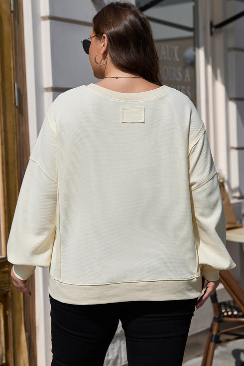 Textured Waffle Knit Drop Shoulder Patchwork Sweatshirt