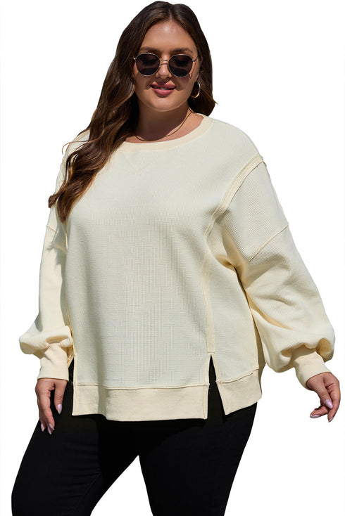 Textured Waffle Knit Drop Shoulder Patchwork Sweatshirt