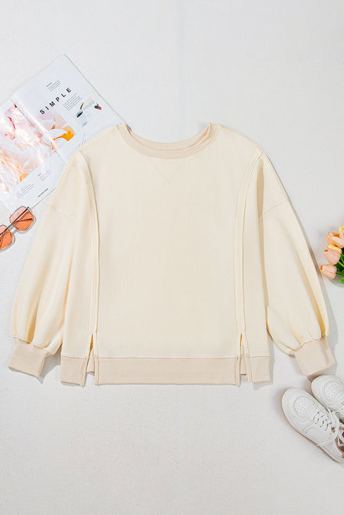 Textured Waffle Knit Drop Shoulder Patchwork Sweatshirt