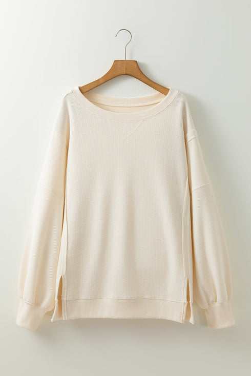 Textured Waffle Knit Drop Shoulder Patchwork Sweatshirt