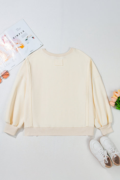 Textured Waffle Knit Drop Shoulder Patchwork Sweatshirt