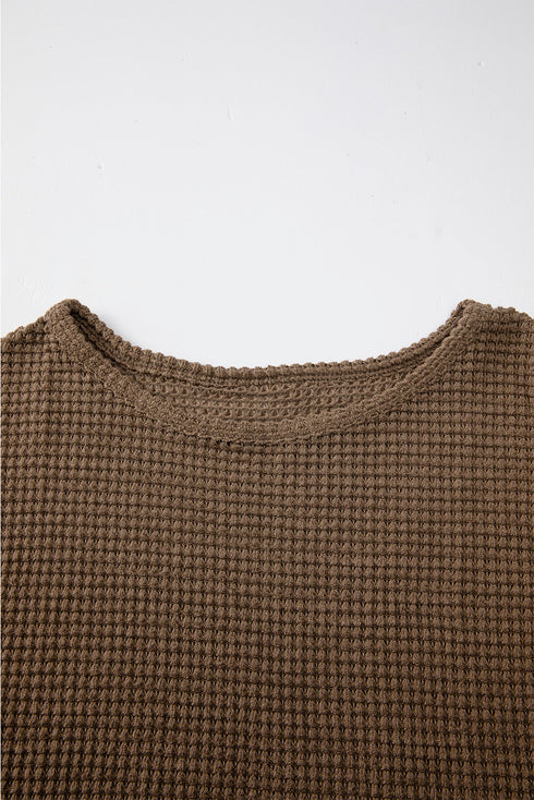 Textured Waffle Knit Drop Shoulder Pocket Long Sleeve Top