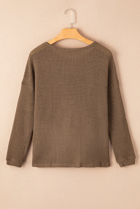 Textured Waffle Knit Drop Shoulder Pocket Long Sleeve Top