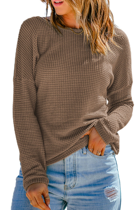 Textured Waffle Knit Drop Shoulder Pocket Long Sleeve Top