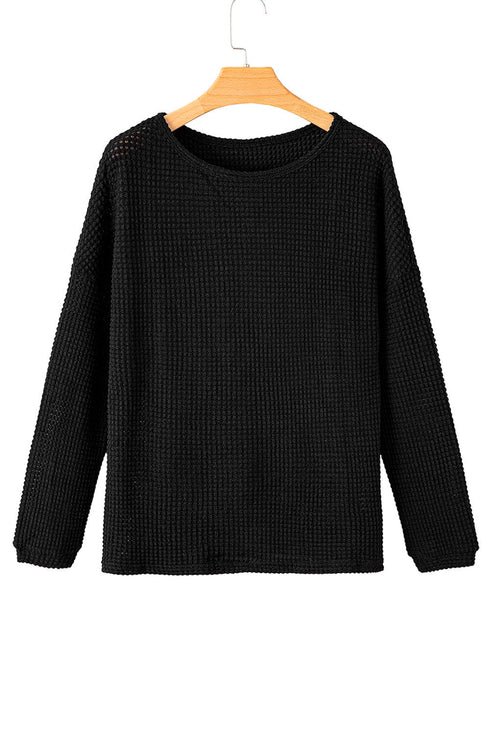 Textured Waffle Knit Drop Shoulder Pocket Long Sleeve Top
