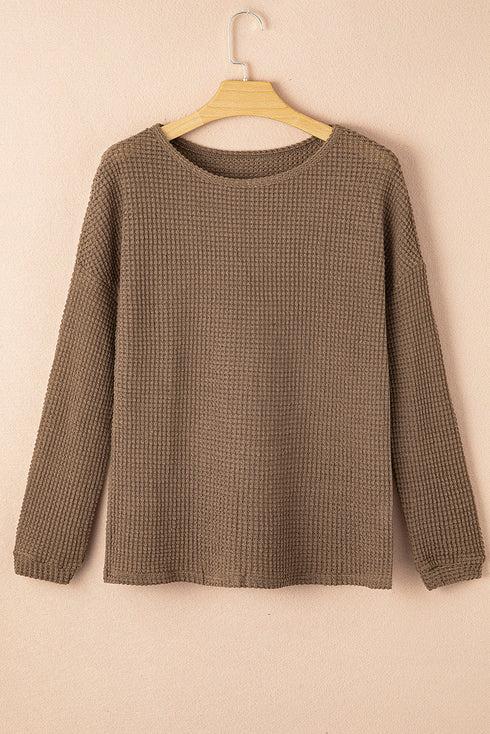 Textured Waffle Knit Drop Shoulder Pocket Long Sleeve Top