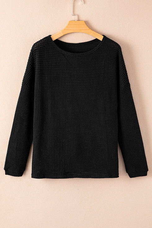 Textured Waffle Knit Drop Shoulder Pocket Long Sleeve Top