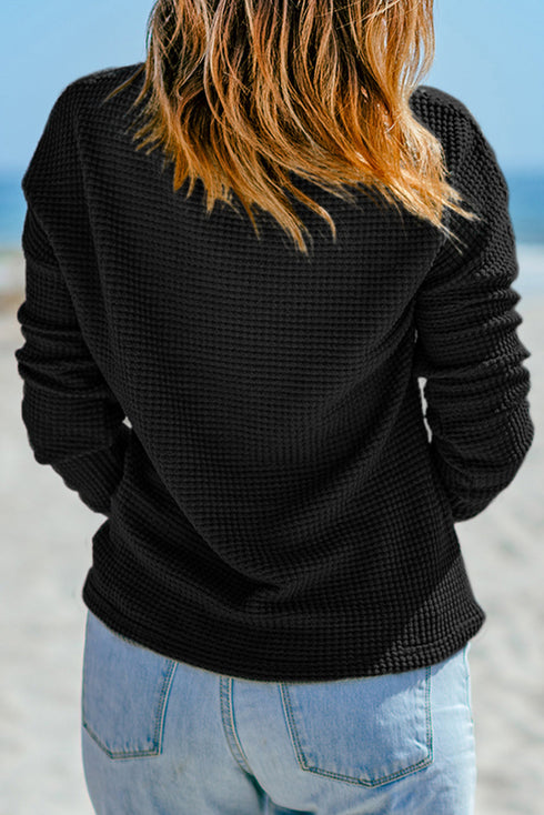Textured Waffle Knit Drop Shoulder Pocket Long Sleeve Top