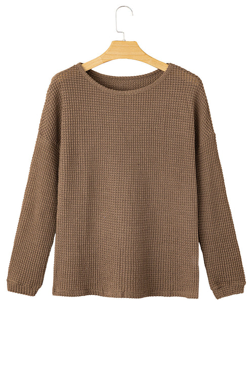 Textured Waffle Knit Drop Shoulder Pocket Long Sleeve Top