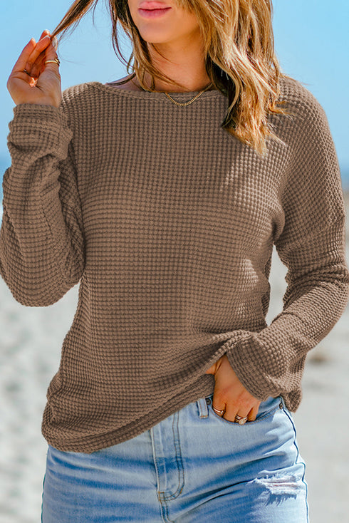 Textured Waffle Knit Drop Shoulder Pocket Long Sleeve Top