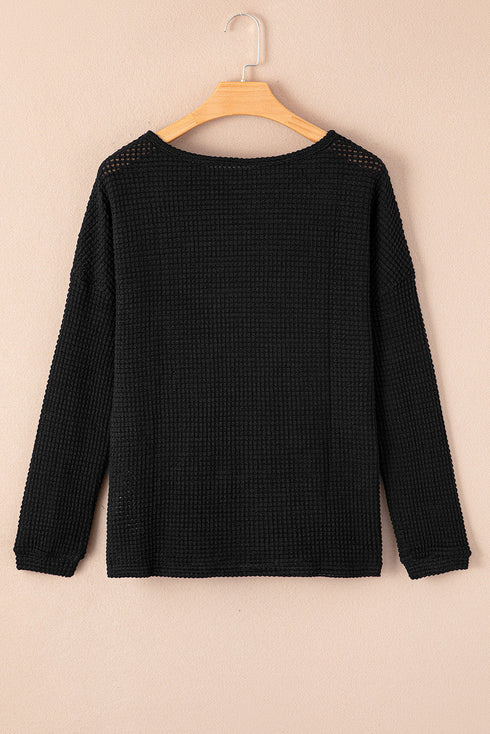 Textured Waffle Knit Drop Shoulder Pocket Long Sleeve Top