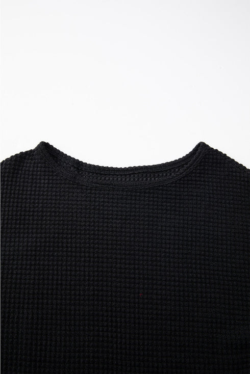 Textured Waffle Knit Drop Shoulder Pocket Long Sleeve Top