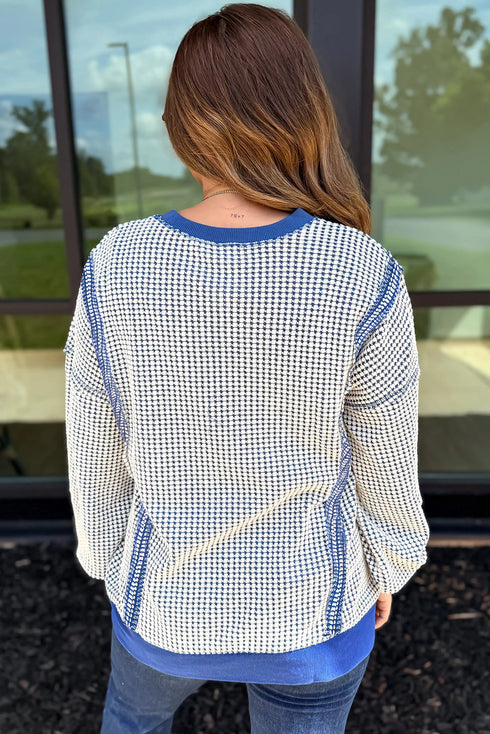 Textured Waffle Knit Exposed Seam Pullover Top