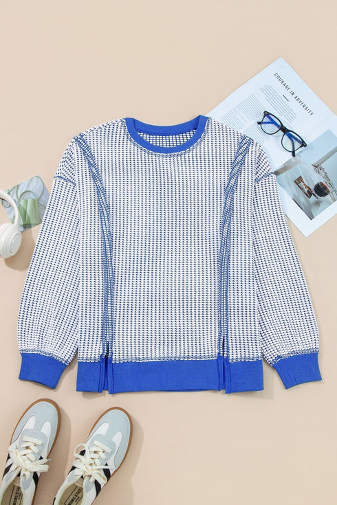 Textured Waffle Knit Exposed Seam Pullover Top