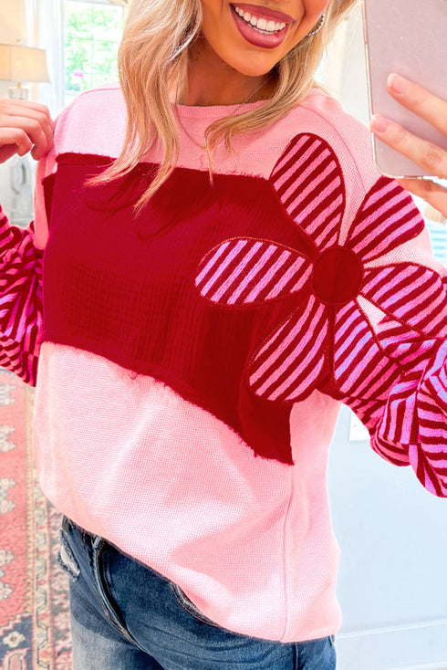 Textured Waffle Knit Floral Patch Striped Sleeve Top