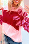 Textured Waffle Knit Floral Patch Striped Sleeve Top