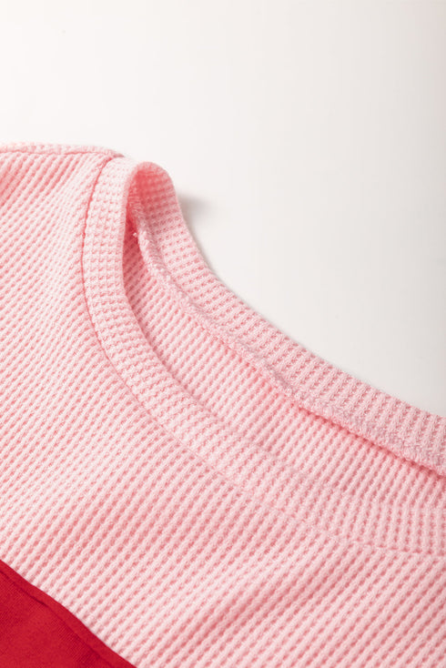 Textured Waffle Knit Floral Patch Striped Sleeve Top